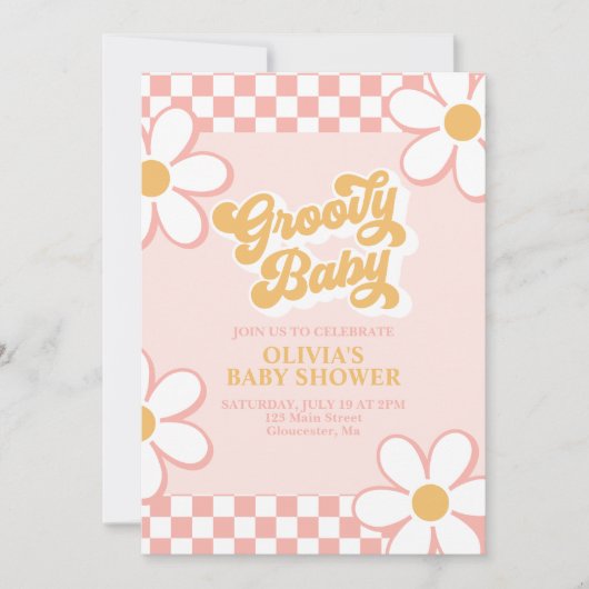 Groovy Baby Retro Karo Pink Daisy Einladung (Vorderseite)