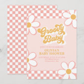 Groovy Baby Retro Karo Pink Daisy Einladung (Vorne/Hinten)