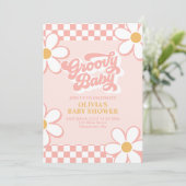 Groovy Baby Retro Karo Pink Daisy Einladung (Stehend Vorderseite)