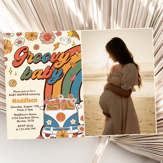 Groovy Baby Retro Rainbow Baby ShowFoto Einladung