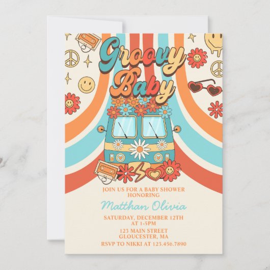 Groovy Baby Retro Rainbow Baby ShowParty Einladung (Vorderseite)