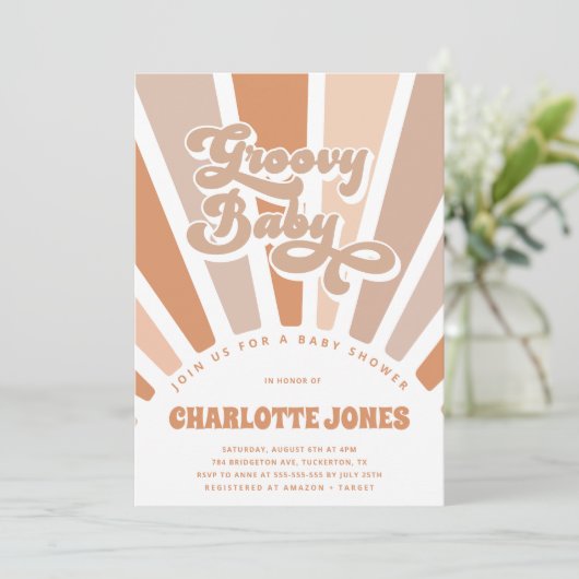 Groovy Baby Retro Sun Bohemisch Baby Dusche Einladung (Stehend Vorderseite)