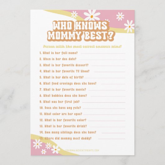 Groovy Baby Shower Games, Boho Retro, Vibe 70 Menükarte (Vorderseite)