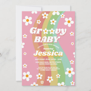 Groovy Baby Shower Pink Girls Retro Regenbogen 197 Einladung