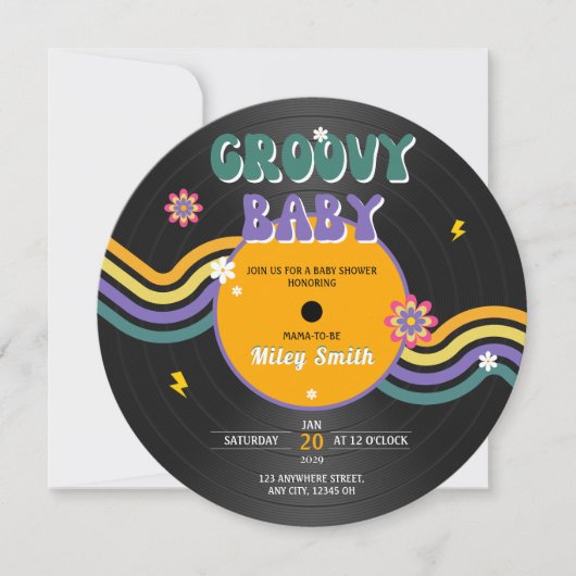Groovy Baby Shower Vinyl Record Vintag 70er 80er Einladung (Vorderseite)
