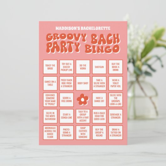 Groovy Bach Junggeselinnen-Abschied Bingo, Downloa Einladung (Stehend Vorderseite)