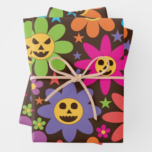 Groovy Beängstigend Retro Halloween Blume Muster Geschenkpapier Set (Beispiel)
