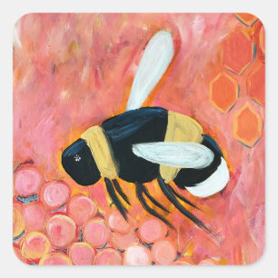 Groovy Bee and Pink Blume Kunst und Kultur Quadratischer Aufkleber
