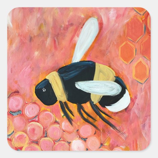 Groovy Bee and Pink Blume Kunst und Kultur Quadratischer Aufkleber (Vorderseite)