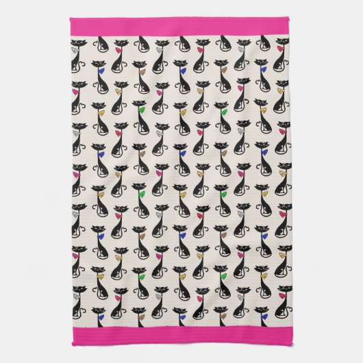 Groovy Black Cats Pink Border Geschirrtuch (Vertikal)