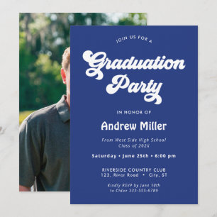 Groovy Blue Graduation Party Foto auf der Rückseit Feiertagskarte