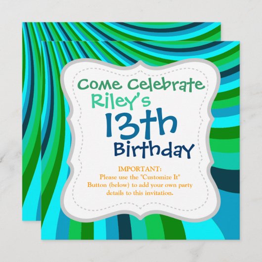 Groovy Blue Green Rainbow Slide Stripes Retro Einladung (Vorne/Hinten)