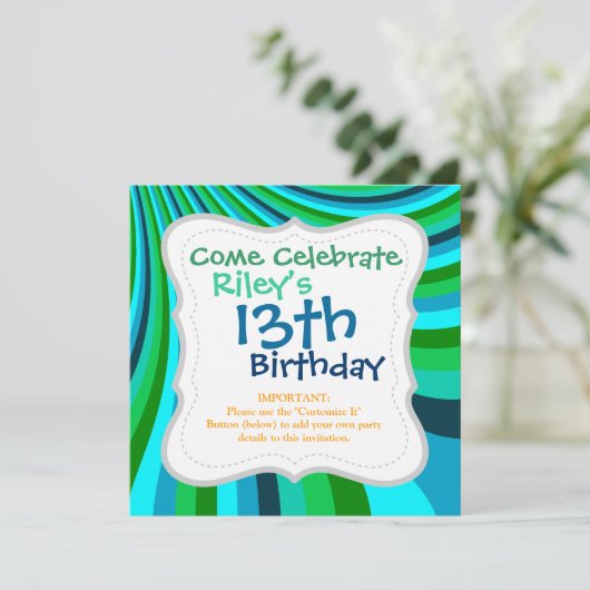 Groovy Blue Green Rainbow Slide Stripes Retro Einladung (Stehend Vorderseite)