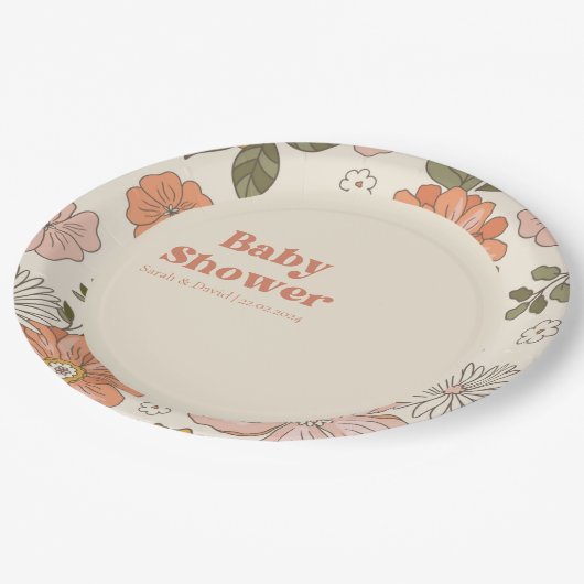 Groovy Blume Babydusche | Boho | 70ER Pappteller (Schrägansicht)