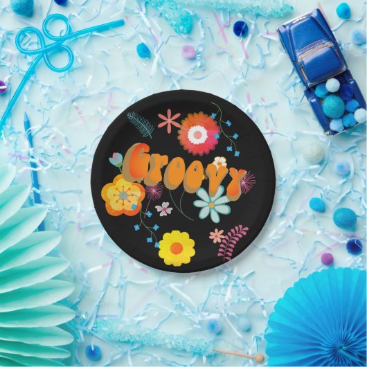 Groovy Blume Power Farbenfroh Schwarz Pappteller (Party)