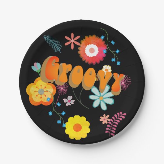 Groovy Blume Power Farbenfroh Schwarz Pappteller (Vorderseite)