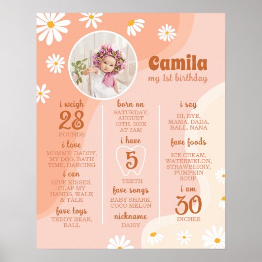 Groovy Boho Daisy First Birthday Milestone Sign Poster (Vorne)