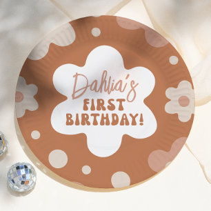 Groovy Boho Daisy Retro Mädchen 1. Geburtstagsfeie Pappteller