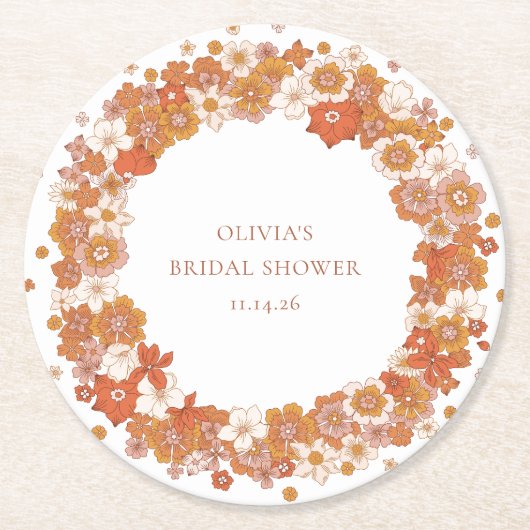 Groovy Boho Orange Brautparty Custom Runder Pappuntersetzer (Vorderseite)