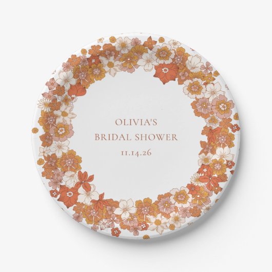 Groovy Boho Orange Florales Brautbad Custom Pappteller (Vorderseite)