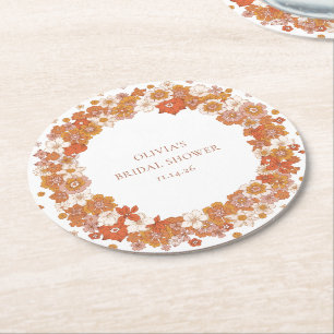 Groovy Boho Orange Florales Brautbad Custom  Runder Pappuntersetzer