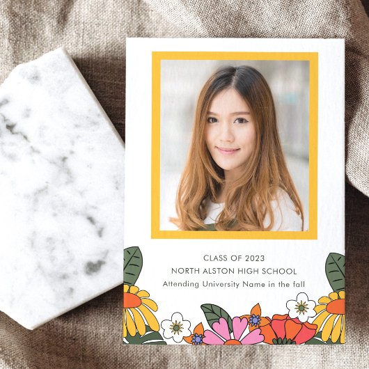 Groovy Boho Retro Blume Foto Graduation Party Einladung