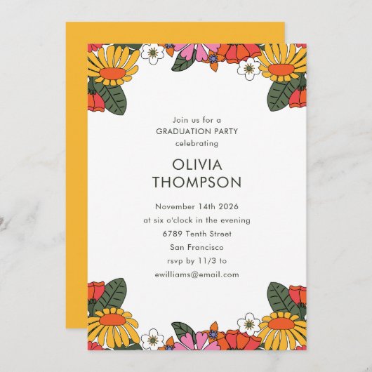 Groovy Boho Retro Blume Frame Graduation Party Einladung (Vorne/Hinten)