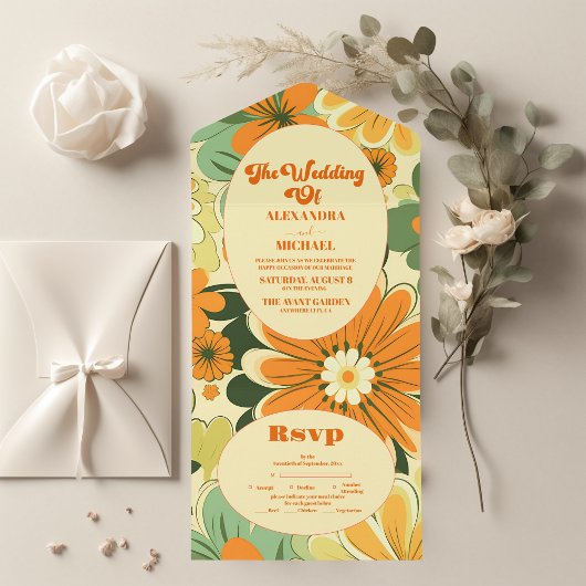 Groovy Boho Retro Floral Wedding All In One Einladung