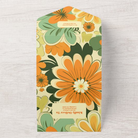 Groovy Boho Retro Floral Wedding All In One Einladung (Außenbereich)