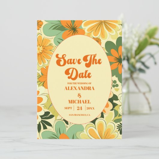 Groovy Boho Retro Floral Wedding Save The Date (Stehend Vorderseite)