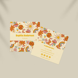 Groovy Boho Retro mit farbenprächtigem 70er Floral Quadratische Visitenkarte