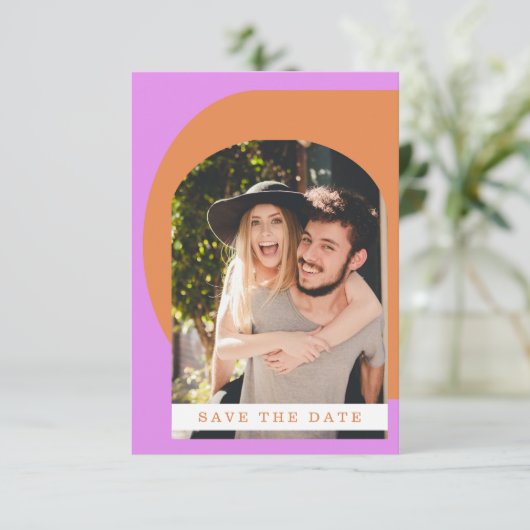 Groovy Bold Fun Typografy Pink Orange Foto Gerette Save The Date (Stehend Vorderseite)