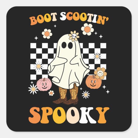 Groovy Boot Scootin Spooky Ghost Halloween Retro Quadratischer Aufkleber (Vorderseite)