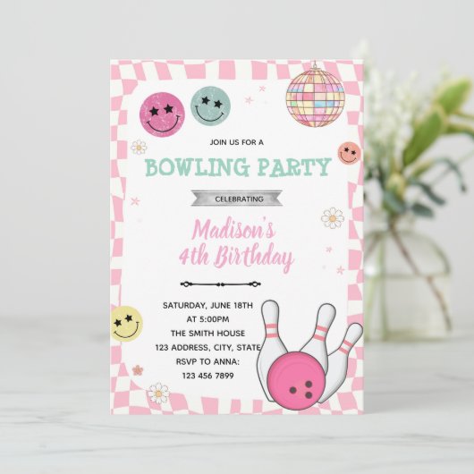 Groovy Bowling Party Einladung (Stehend Vorderseite)