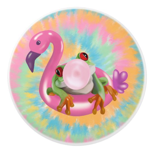 Groovy Bubblegum Blowing Tree Frog Tie Dye Keramikknauf (Vorderseite)