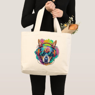 Groovy Canine Vibes : Cooler Hund mit Kopfhörern Jumbo Stoffbeutel
