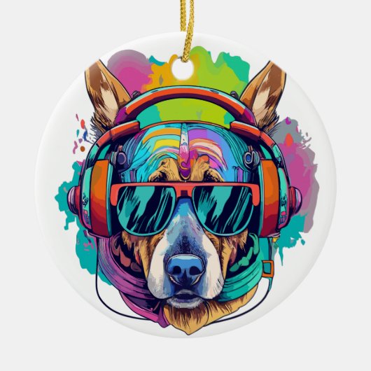 Groovy Canine Vibes : Cooler Hund mit Kopfhörern Keramik Ornament (Vorne)