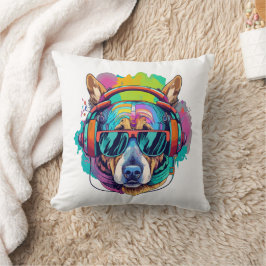 Groovy Canine Vibes : Cooler Hund mit Kopfhörern Kissen