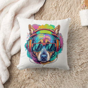 Groovy Canine Vibes : Cooler Hund mit Kopfhörern Kissen