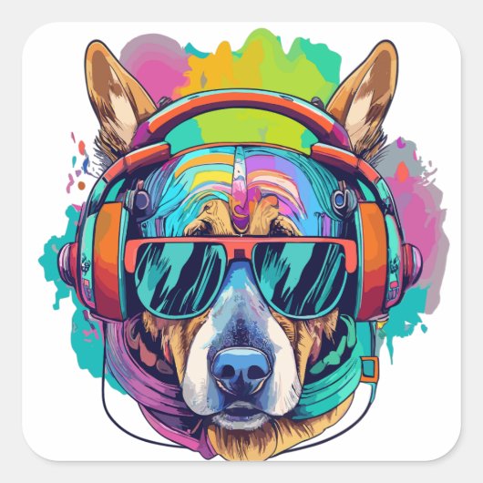 Groovy Canine Vibes : Cooler Hund mit Kopfhörern Quadratischer Aufkleber (Vorderseite)