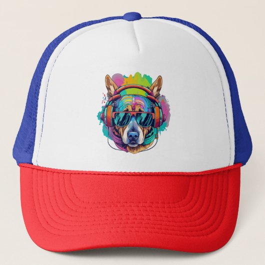 Groovy Canine Vibes : Cooler Hund mit Kopfhörern Truckerkappe (Vorderseite)