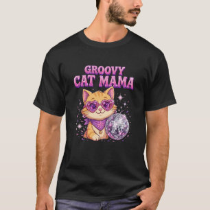 Groovy Cat Mama Disco Ball Rosa Glitter T-Shirt