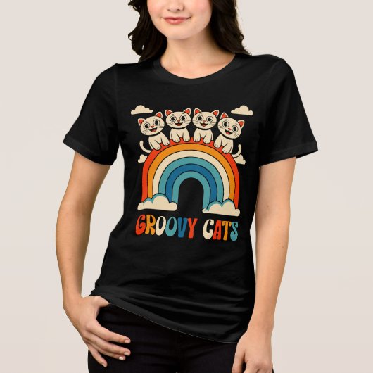 Groovy Cats Retro-Regenbogen-Design Tri-Blend Shirt (Vorderseite)