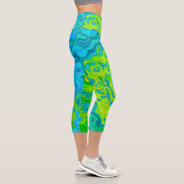 Groovy Chartreuse und Aquamarine Liquid Swirl Capri Leggings