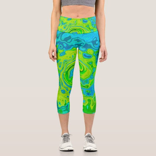 Groovy Chartreuse und Aquamarine Liquid Swirl Capri Leggings (Vorderseite)