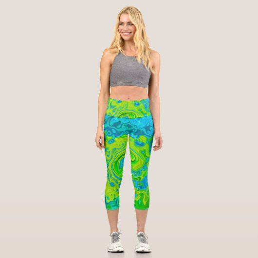 Groovy Chartreuse und Aquamarine Liquid Swirl Capri Leggings (Vorderseite)