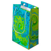 Groovy Chartreuse und Aquamarine Liquid Swirl Kleine Geschenktüte (Rückseite Schrägansicht)