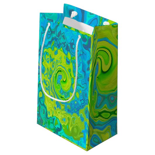 Groovy Chartreuse und Aquamarine Liquid Swirl Kleine Geschenktüte (Rückseite Schrägansicht)