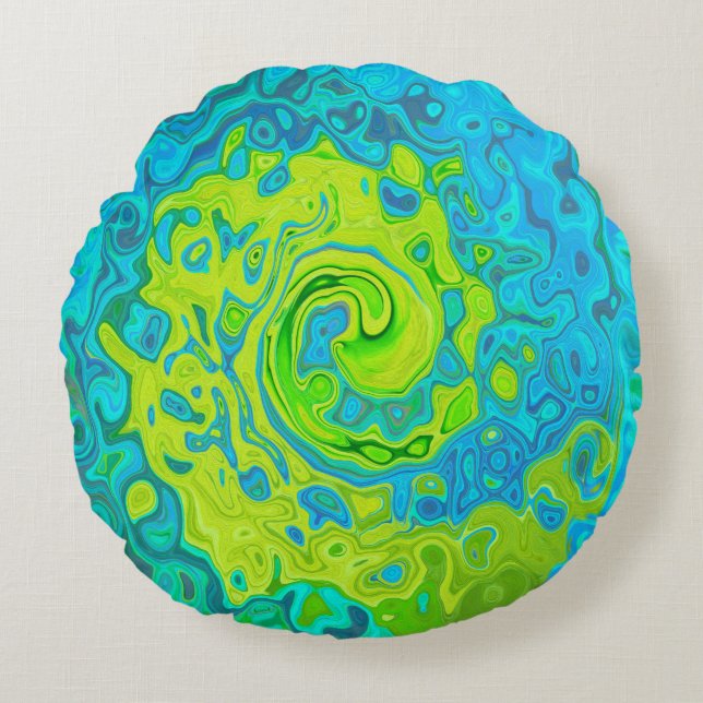 Groovy Chartreuse und Aquamarine Liquid Swirl Rundes Kissen (Vorderseite)