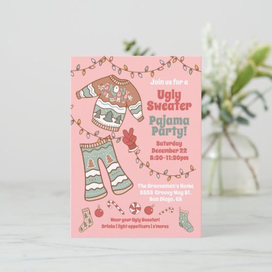 Groovy Christmas Hippie Ugly Sweater Pajama Party Einladung (Stehend Vorderseite)